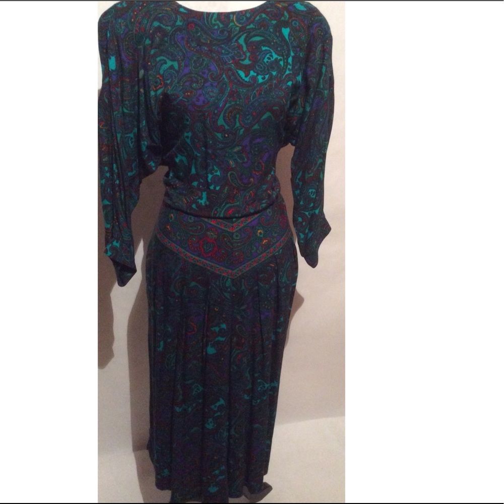 Green & Purple Print Vintage Dress Size 12
